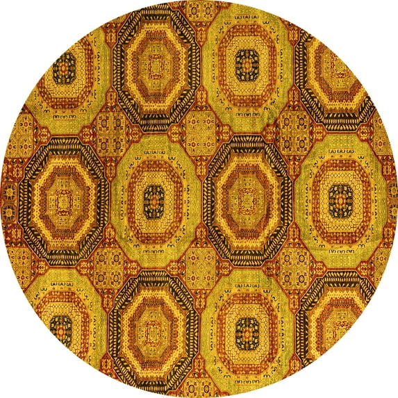 Ahgly Company Machine Washable Indoor Round Oriental Yellow Modern Area Rugs, 6' Round