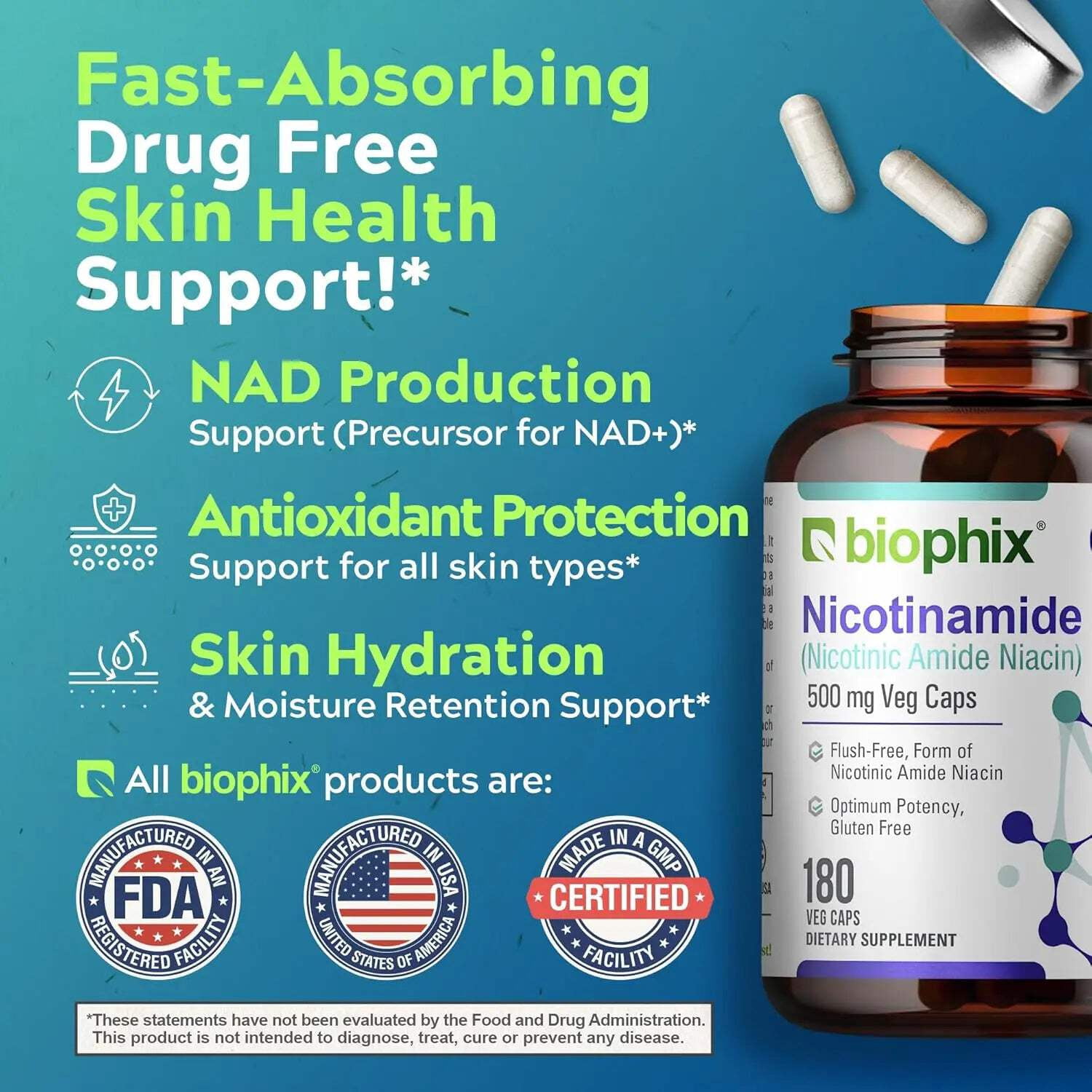 biophix B-3 Nicotinamide 500 mg 180 Vcaps - Hair Skin and Nails 180 Caplets 10000 mcg Biotin - Skin Kit - Nicotinic Amide Niacin Natural Flush-Free Vitamin Formula - Supports Skin Cell Health
