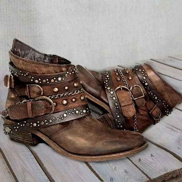 Bottes pour Femmes Filles Short Bootie Cowboy Moto Chaussures en Cuir Bottines