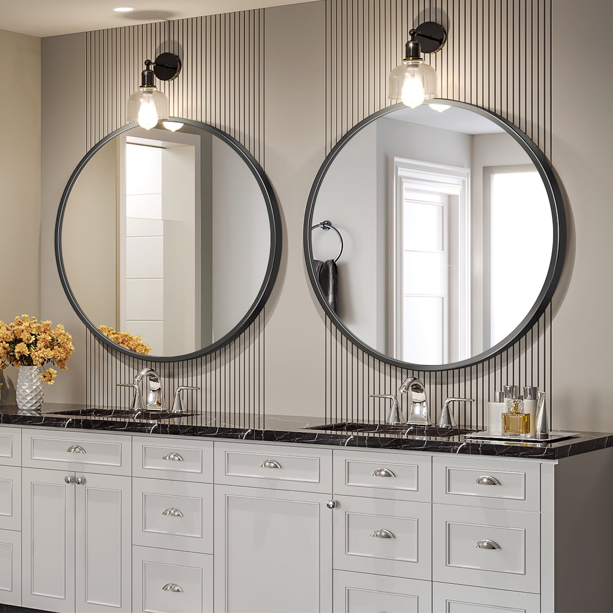 Scifil Black Round Mirror, 24 Inch Bathroom Wall Mirror, Modern Round Circle Wall Vanity Mirror with Metal Frame for Home Decor, Easy Hanging