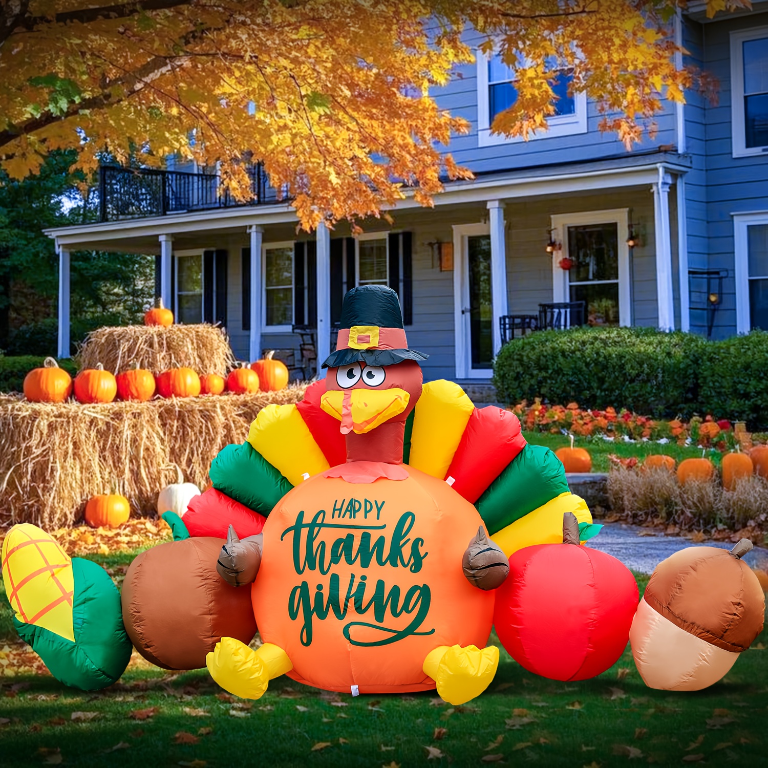ATDAWN 6 Foot Thanksgiving Inflatable Turkey With Carrot - LED Lighted Outdoor/Indoor Yard Decoration