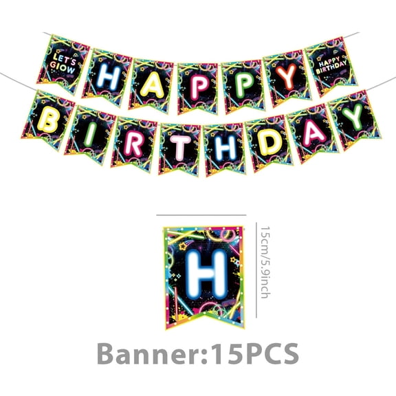 21 Pcs Neon Happy-Birthday Banner, Light Tag Birthday Decorations with Luminescent Hanging Swirls, Glow Disco Theme Party Decorations for Bedroom Ceiling Wall Decor