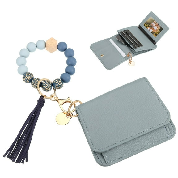 Uxcell Silicone Wooden Bead Bracelet Keychain Wallet for Women, Blue