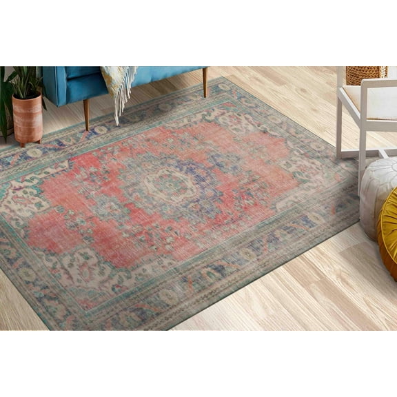 Red Rugs, Navy Blue Rugs, Medallion Rugs, Antique Decor Rugs, Turkish Rug, Thin Rug, Indoor Rug, Decorative Rug, Non-Slip Carpet, Muted Rug, 2.6'x6.5' - 80x200 cm