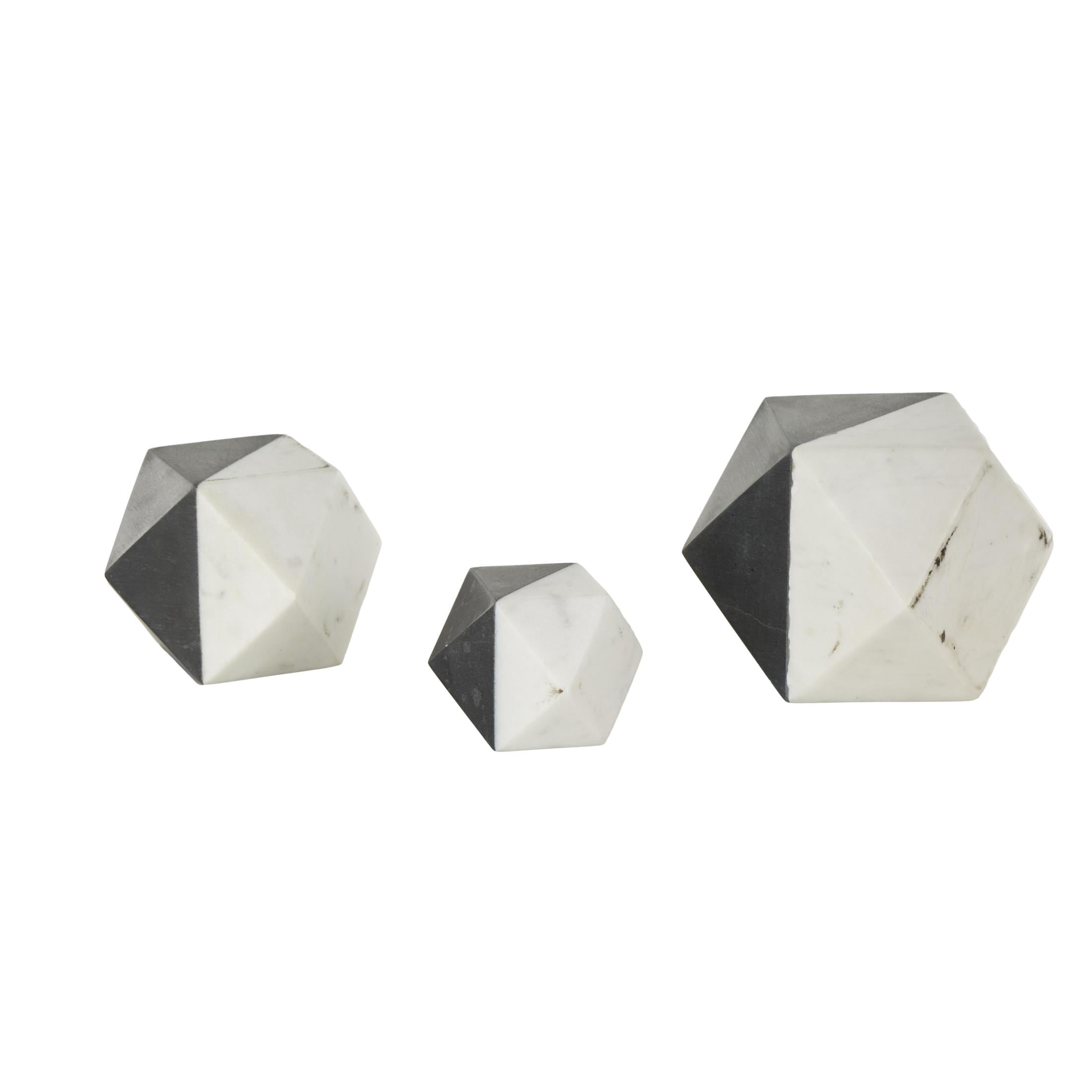 5", 4", 3"H Black Marble Cube Two-Toned Hexagon Geometric Sculpture with White Accent, by DecMode (3 Count)
