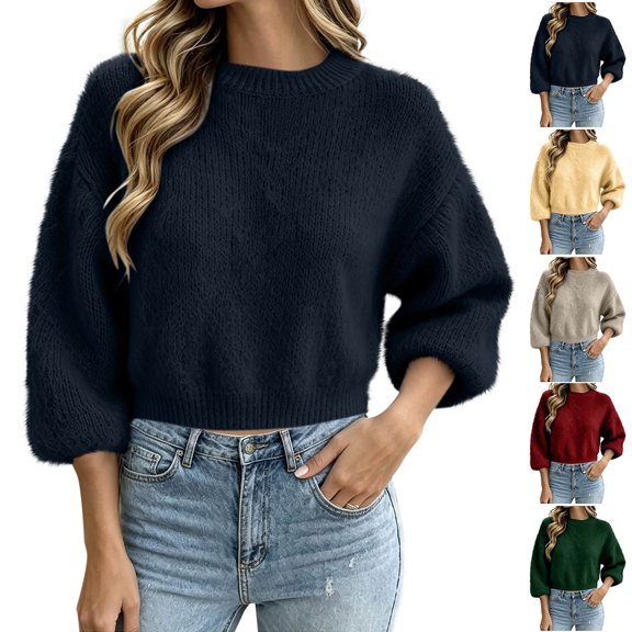 MexChoioe Women's Sweaters Casual Crew Neck Fluffy Fuzzy Knit Cropped Pullover Sweaters for Women