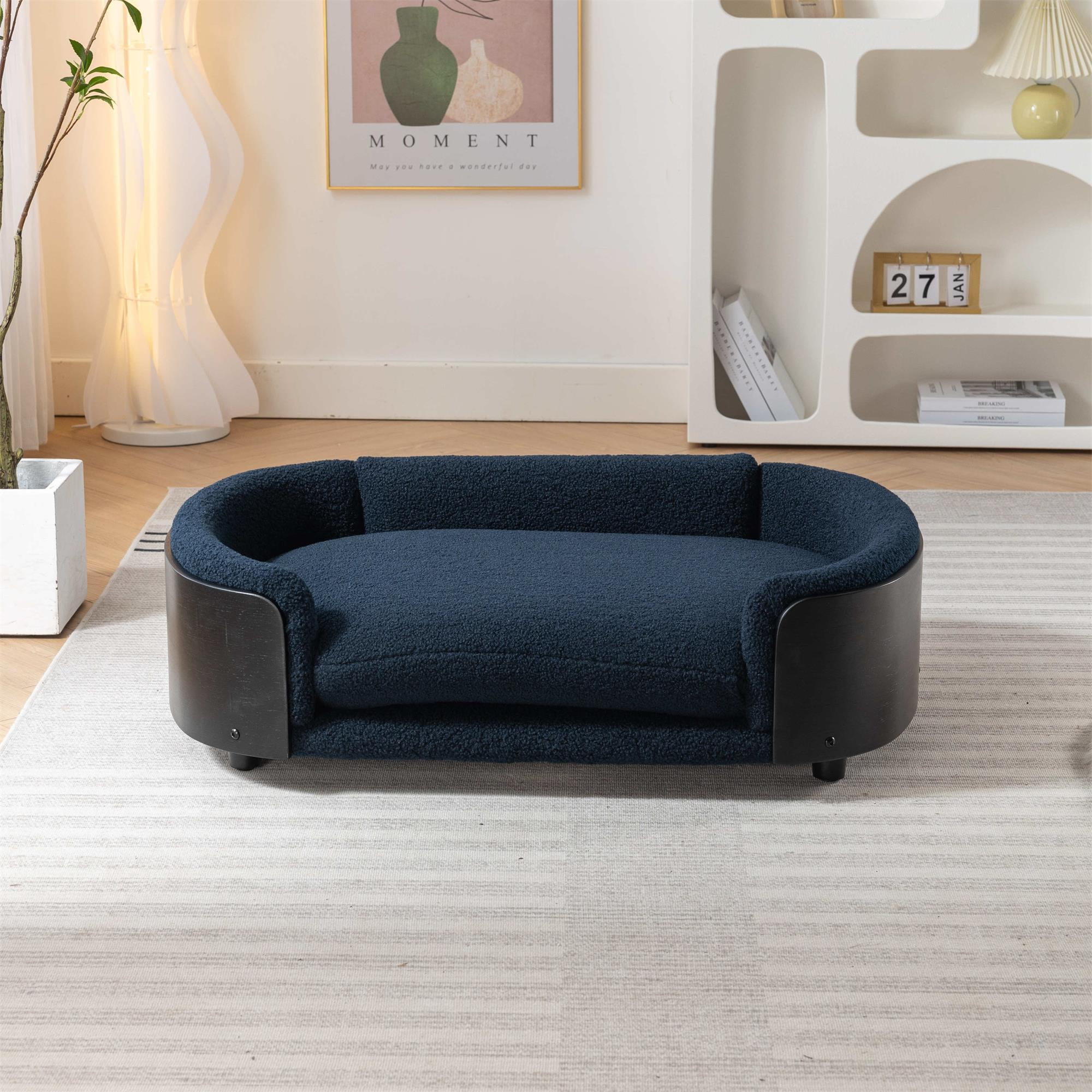Pefilos 38" Pet Sofa for Indoors Dogs, Cat and Dog Bed with Solid Wood Legs and Black Bent Wood Back, Cashmere Cushion, Blue Pefilos 38" Pet Sofa for Indoors Dogs, Cat and Dog Bed with Solid Wood Legs and Black Bent Wood Back, Cashmere Cushion, Blue