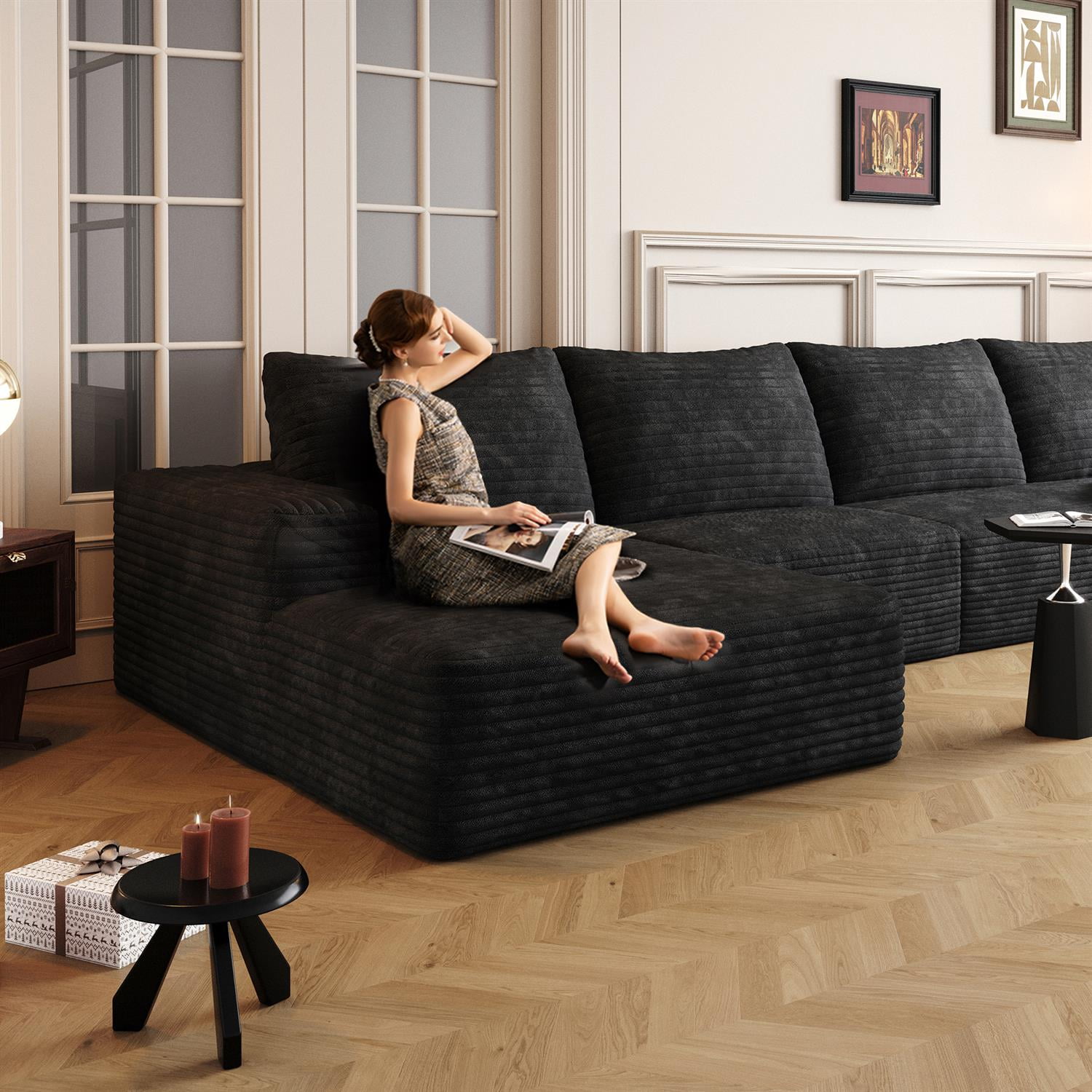 Demi Bonn 135" Modern L-Shape Cloud Sectional Couch with Chaise, Deep Seat, Cozy Upholstered Sofa for Living Room & Bedroom, No Assembly, Black