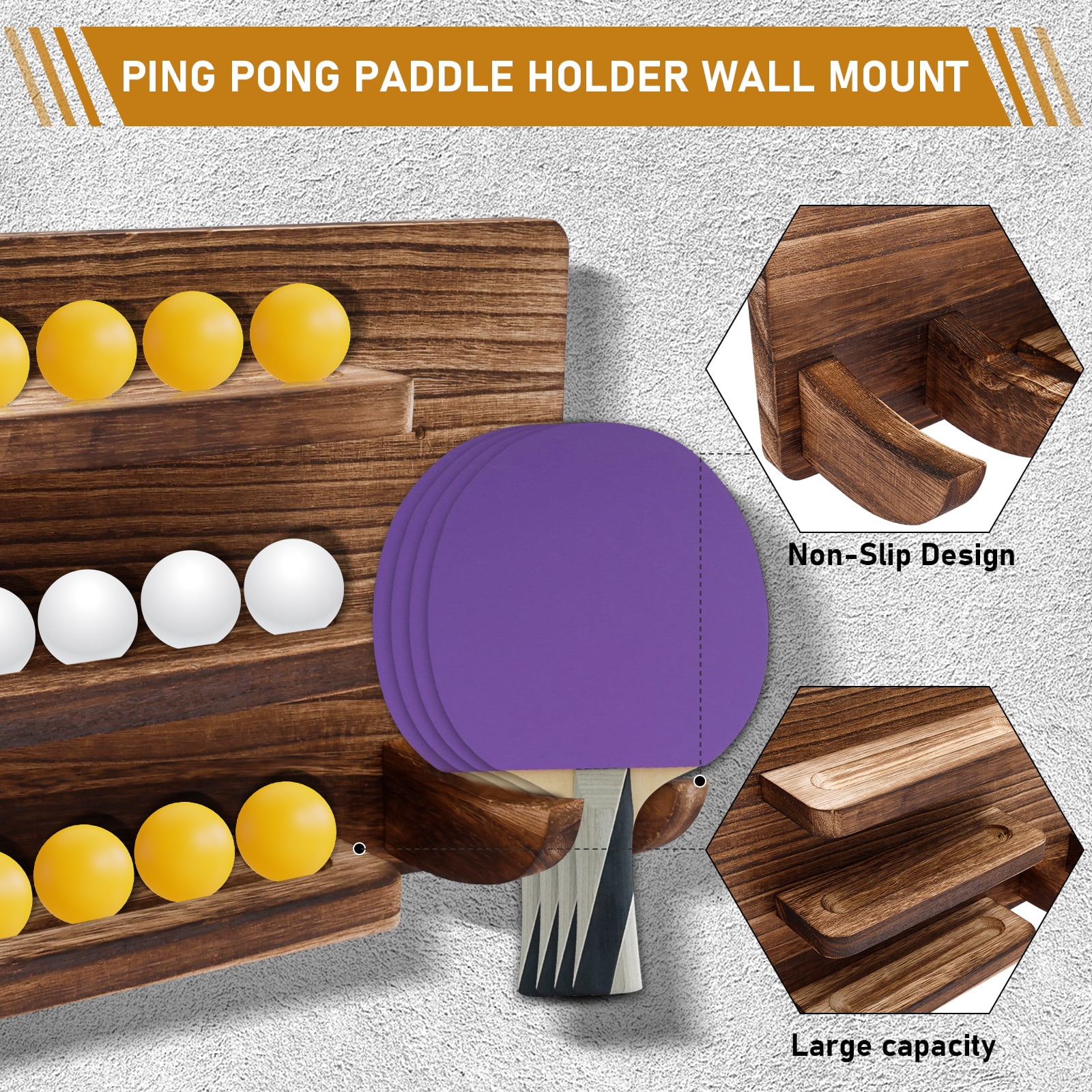 FKSZLL Ping Pong Paddle Holder, Wall-Mount Table Tennis Paddle Display Holder Holds 8 Paddles and 12 Balls Table Tennis Racket Organizer for Game Room Bar Garage Home