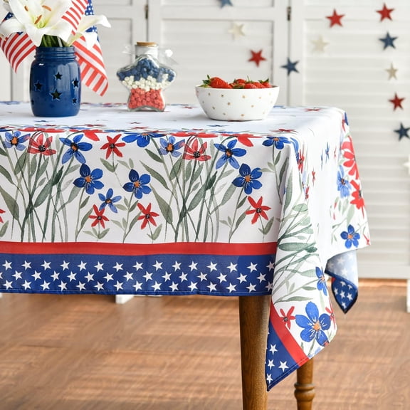 4th of July Tablecloth 60x84 Inch, Patriotic Watercolor Poppy Flowers Independence Day Memorial Day Table Cover for Party Picnic Dinner Decor