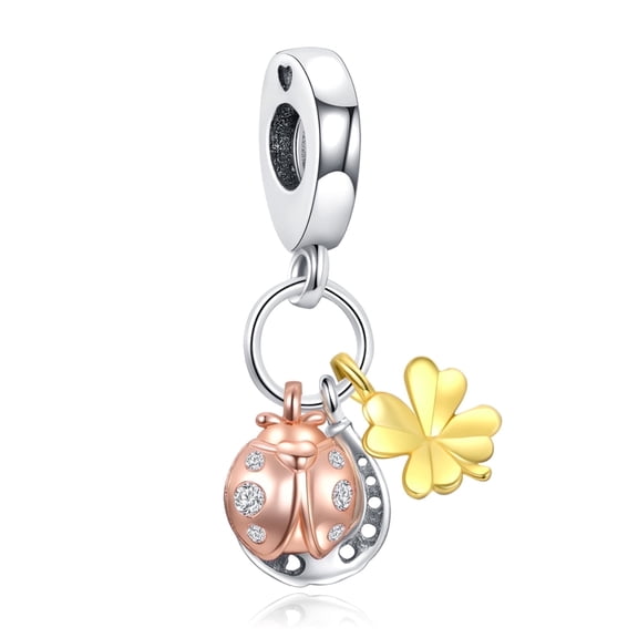 ROSIANNA 925 Sterling Silver Charm for Bracelets Two Tone Laybug Clover Hourshoe Lucky Dangle Charms Women Bracelet Charm