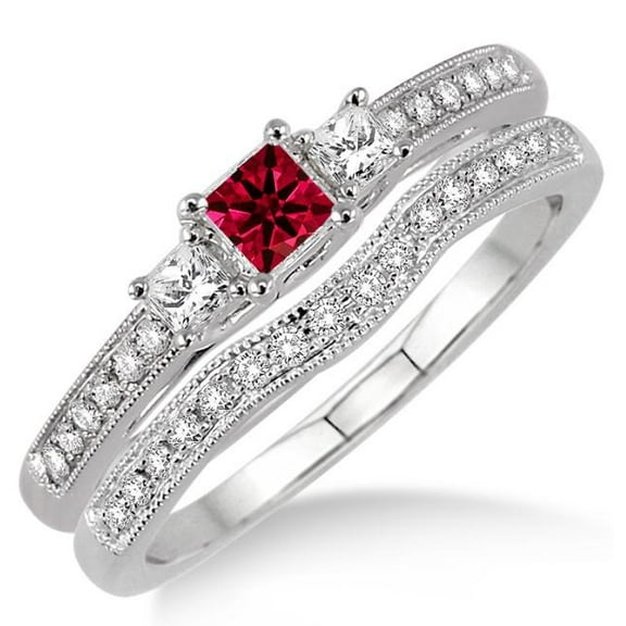 2.25 Carat Red Ruby Princess Cut With Moissanite Diamond Bridal Set on 10k White Gold