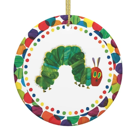 Hungry Caterpilla Round Ceramic Pendant Christmas Decoration Holiday with Gold Wire Rope