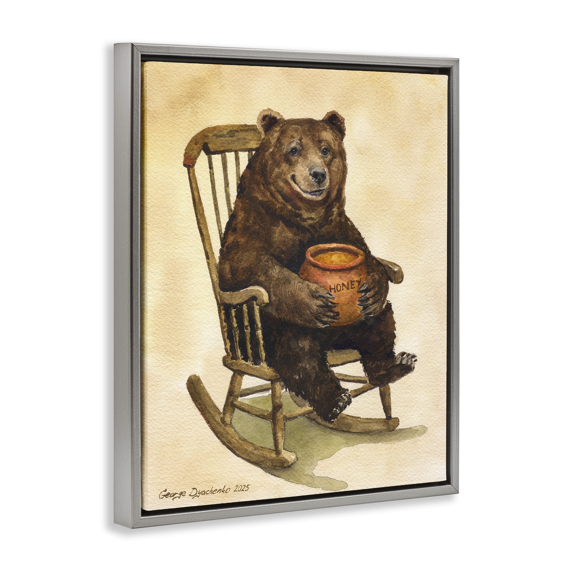 Stupell Industries Happy Bear & Pot of Honey Gray Framed Floater Canvas Wall Art, design by George Dyachenko