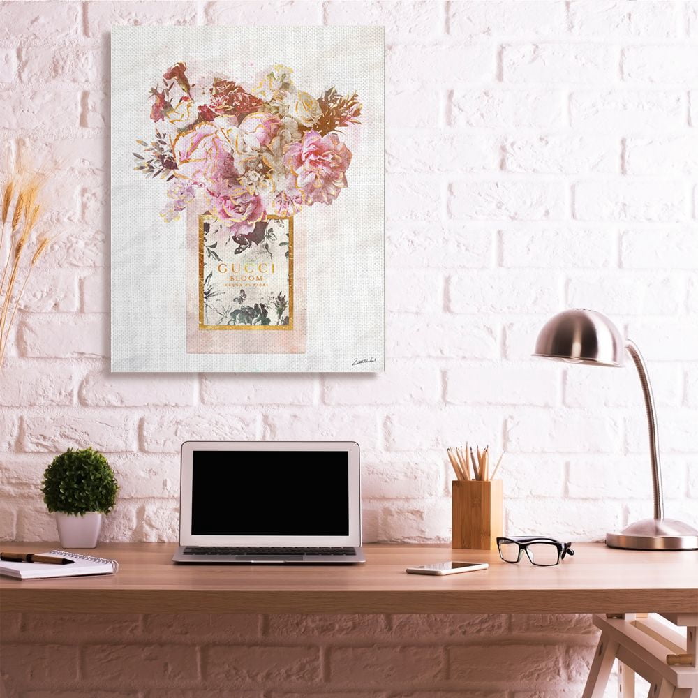Stupell Industries Floral Bouquet Fashion Style Shopping Bag Pink White Gold Canvas Wall Art Design by Ziwei Li, 36" x 48"