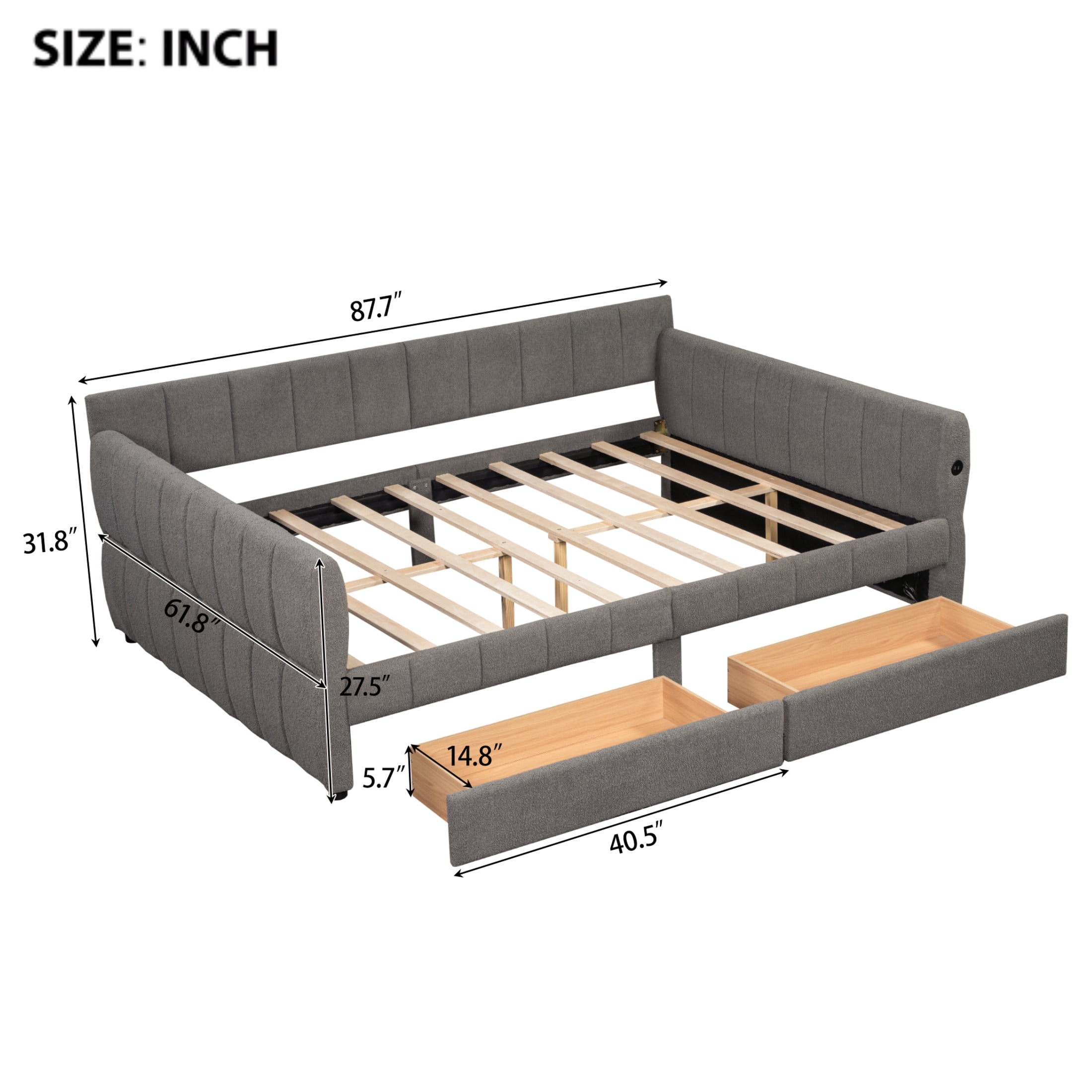 Noble House Alver Queen Upholstered Platform Bed, Luxurious Lambswool Frame with USB Ports and 2 Drawers, Gray