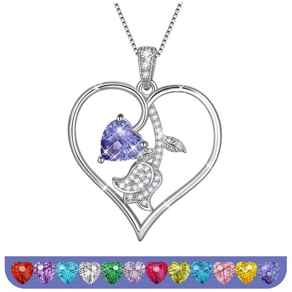 Fasjewly 18K White Gold Plated Birthstone Heart Necklace for Women,CZ Heart Pendant with Tulip Floral,Birthday Valentine’s Day Mother’s Day Christmas Jewelry Gift for Her Stocking Stuffers Idea