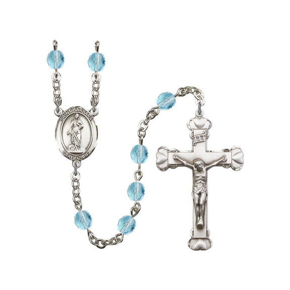 St. Barbara Silver-Plated Rosary 6mm March Light Blue Fire Polished Beads Crucifix Size 1 5/8 x 1 medal charm