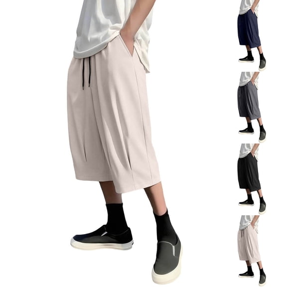 Men's Pleated Bermuda Cropped Capris Pants Relaxed Fit Wide Leg Quick Dry Cooling Long Dress Shorts with Pocket Big and Tall Size XS-3XL Khaki