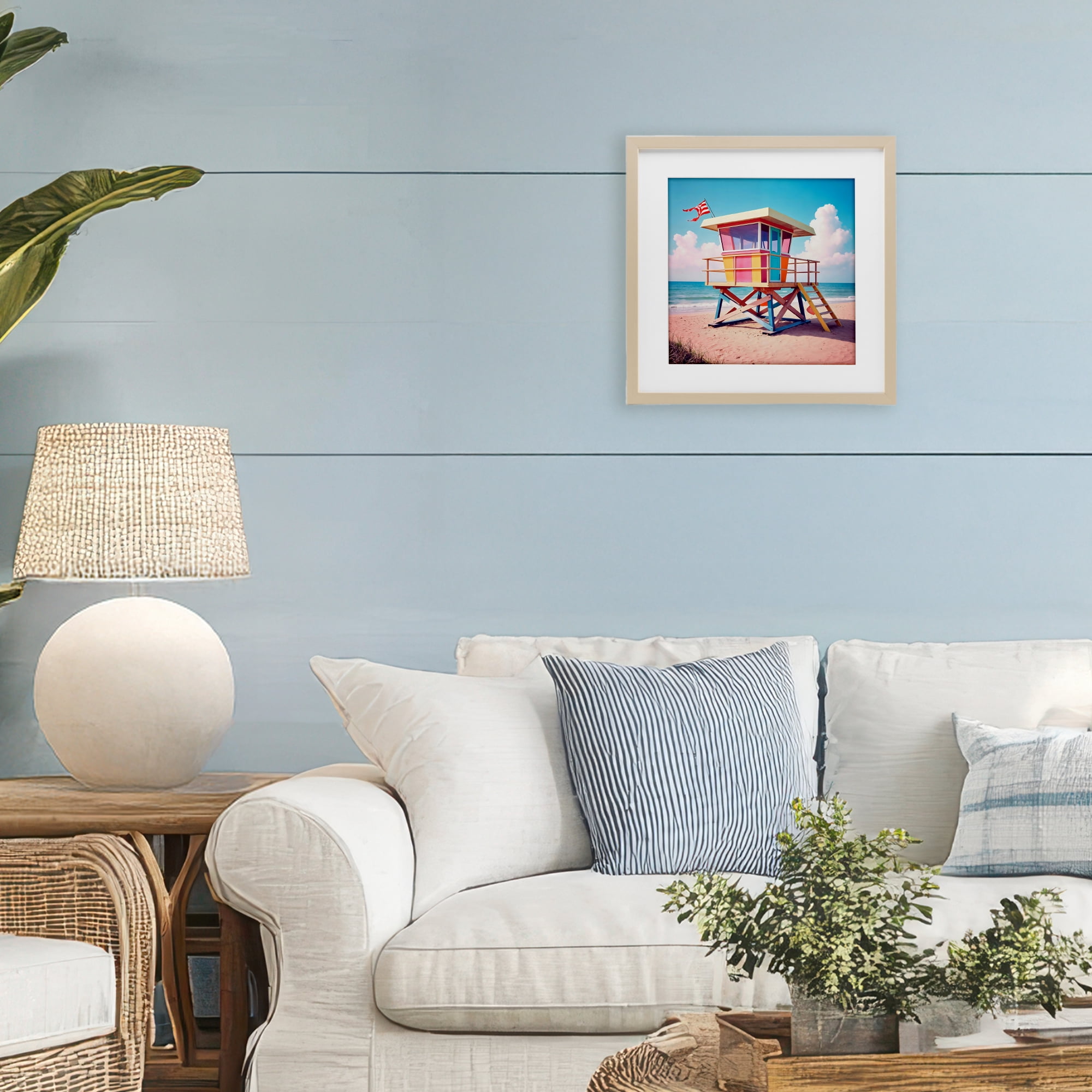 Stupell Industries Colorful Sunny Beach Tower Birch Framed Print Under Glass, design by Creative Studio