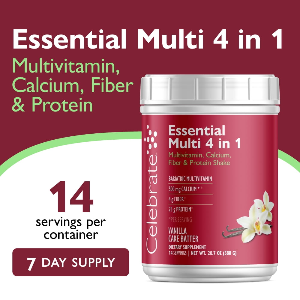 Celebrate Vitamins 4-in-1 Bariatric Multivitamin with Calcium Protein Shake, Vanilla Cake, 20 oz. tub
