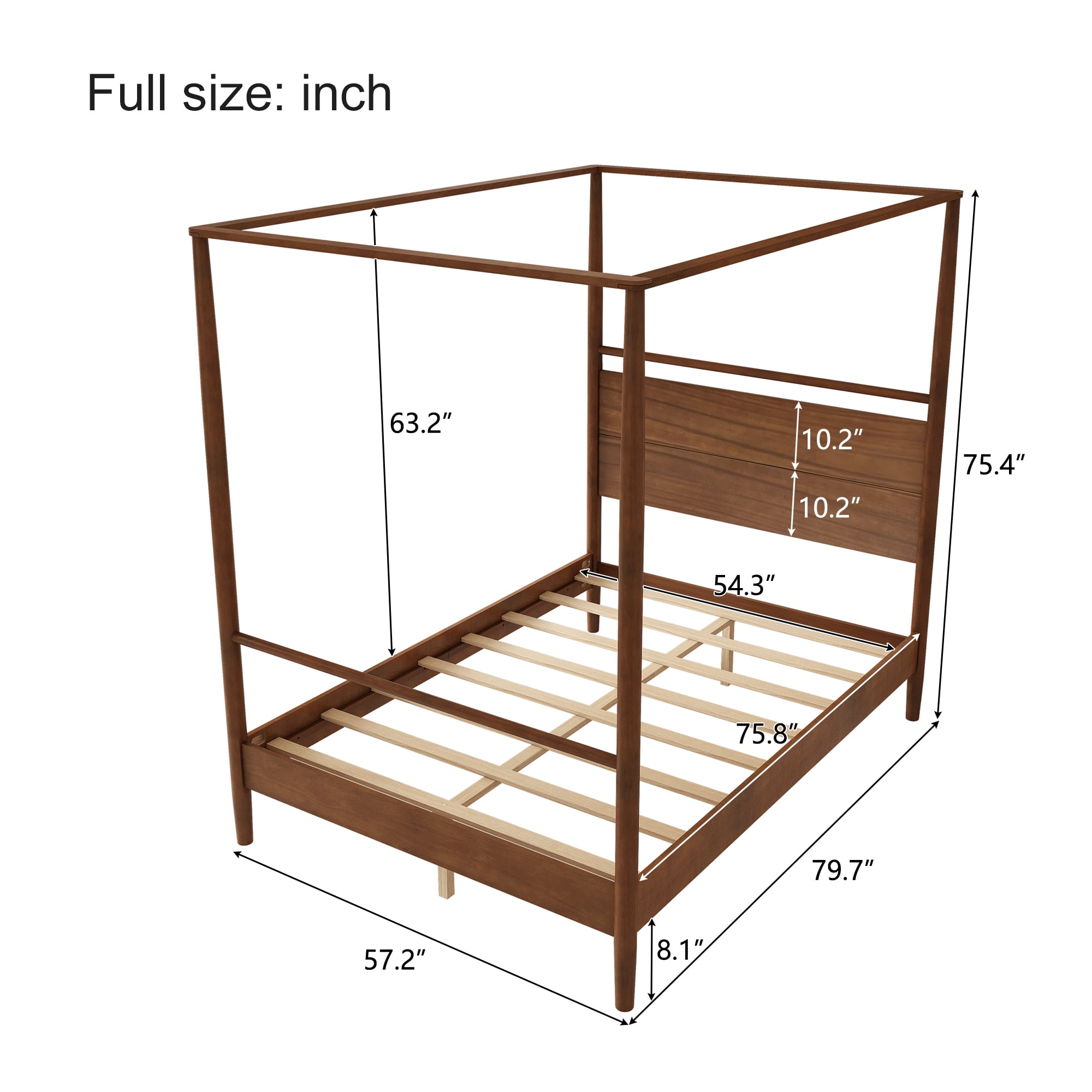 Euroco Wood Full Size Canopy Bed, Platform Bed with Four Posters, Walnut