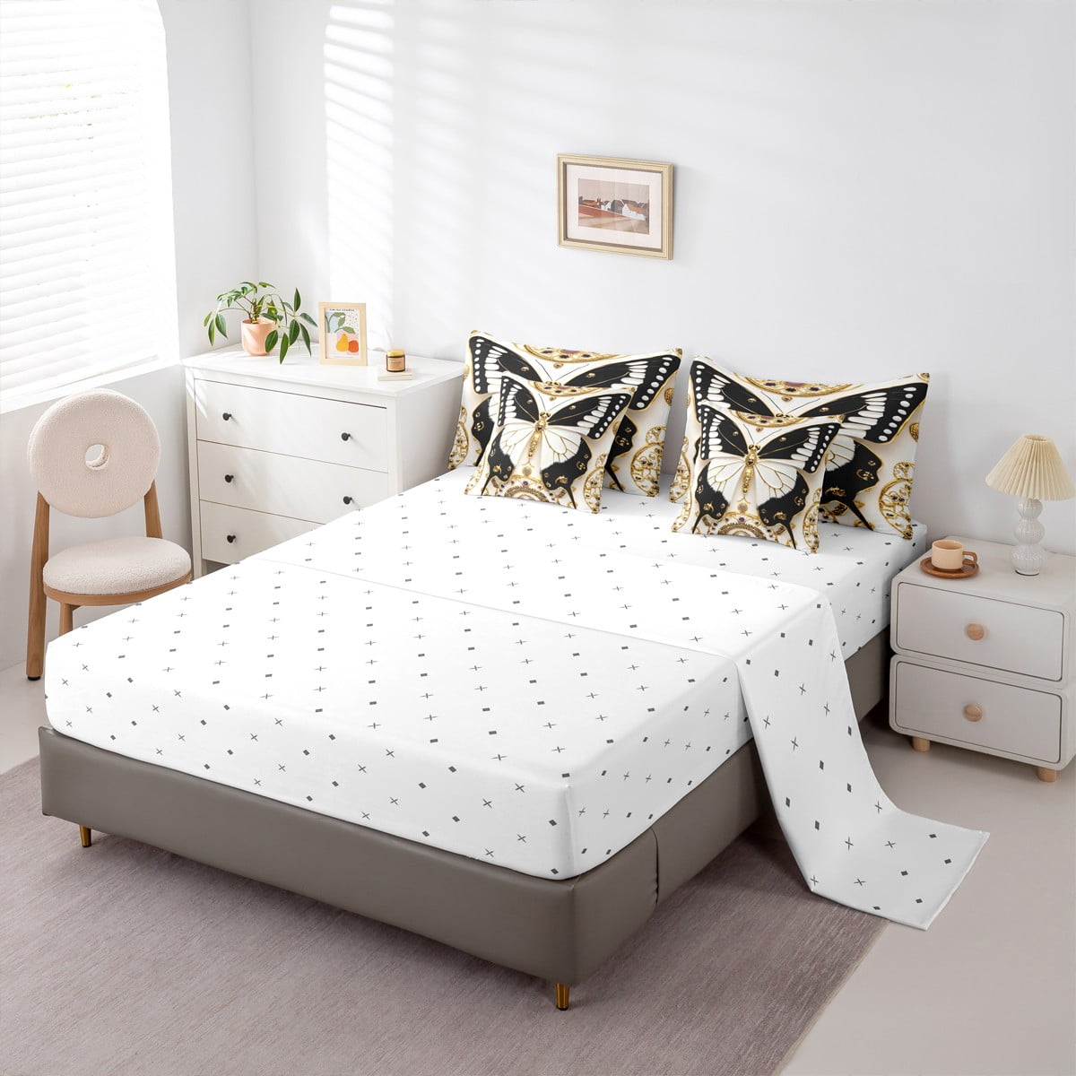 Homewish Black White Butterfly Girl 7-Piece Bedding Comforter Set,Exotic Style King Bedding Sets,Dreamy Princess Ultra Soft Bed Sheets,Luxury Bedroom Decor,Reversible
