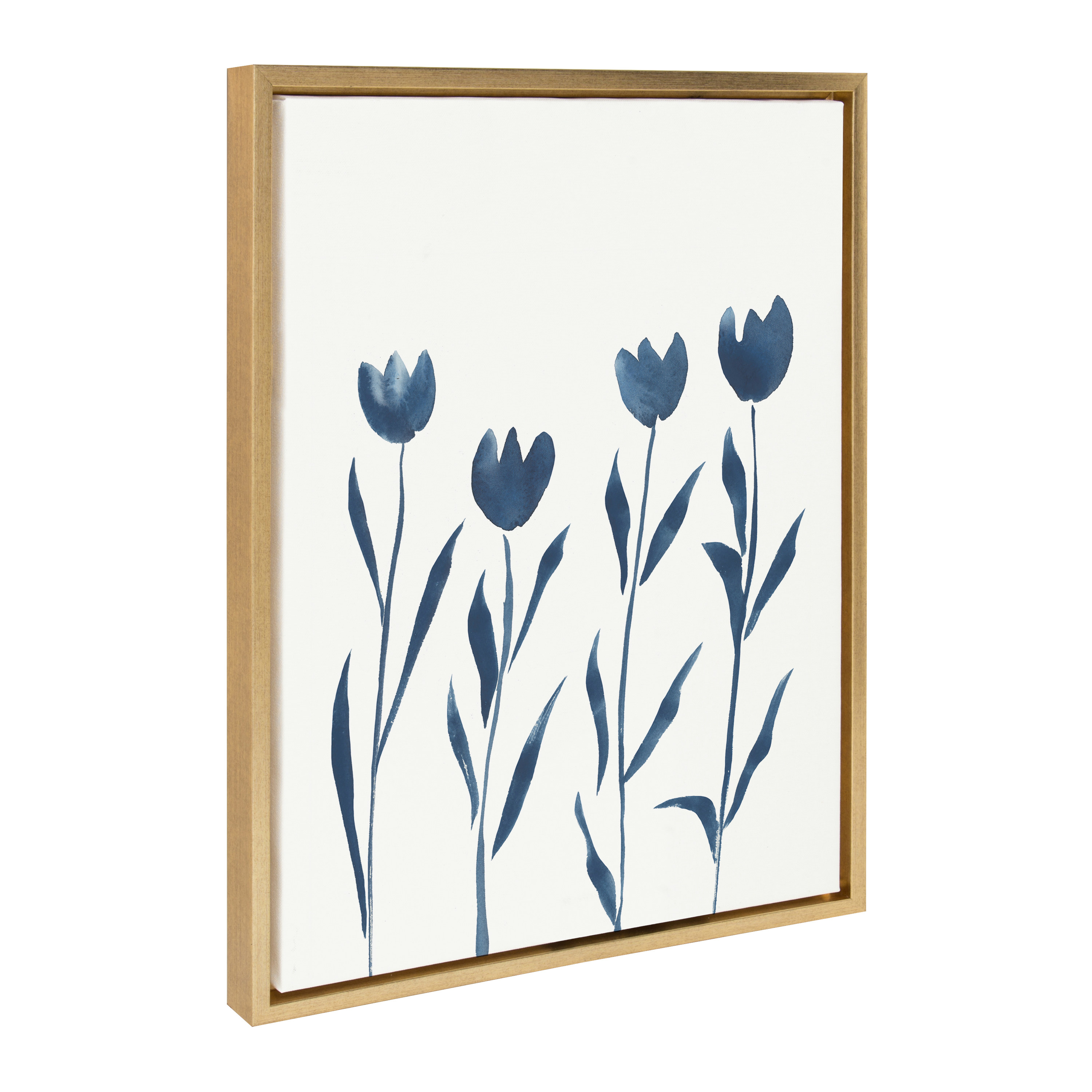 Kate and Laurel Sylvie Indigo Tulips on White Framed Canvas Wall Art by Teju Reval of SnazzyHues, 18x24 Gold, Floral Art for Wall