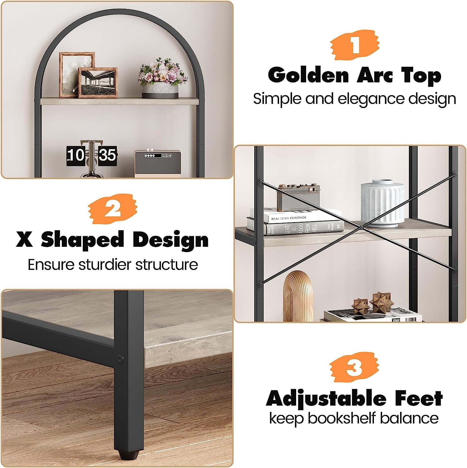 IdealHouse Arched 5-Tier Bookshelf, Modern Bookcase with Gold Metal Frame, Tall Wood Storage Shelf for Living Room, Bedroom, Home Office, Easy Assembly, Grey