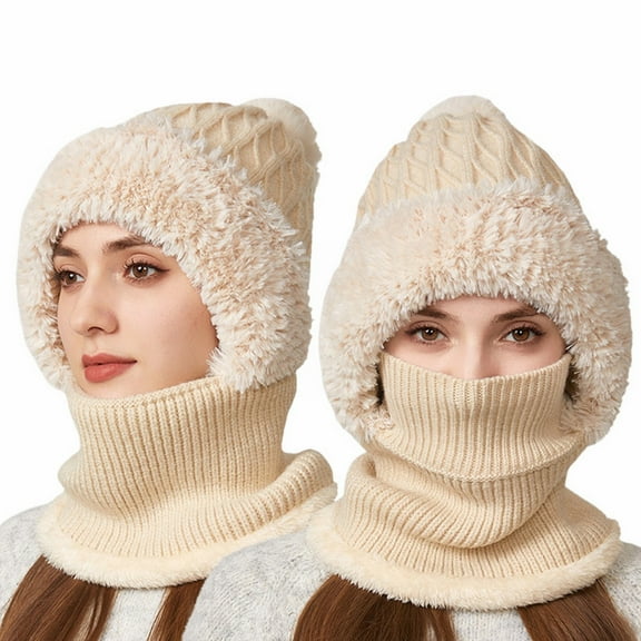 Women's 3-in-1 Ribbed Knit Hat with Integrated Scarf, Winter Face Mask Beanie, Thermal Ear Flap Trapper Cap, Cold Weather Balaclava Style, Unisex Outdoor Winter Gear - Beige