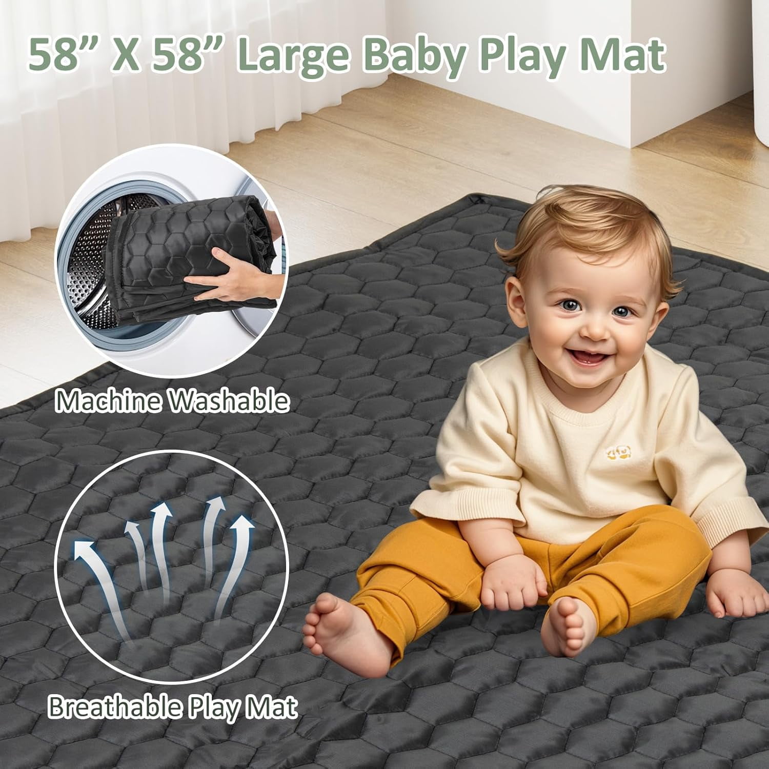 INFANS Foldable Baby Playpen with Mat, 59” x 59” Large Baby Play Yard for Infant with 50 Ocean Balls, 4 Handlers, Carry Bag, Indoor Outdoor Fence Toddler Activity Center
