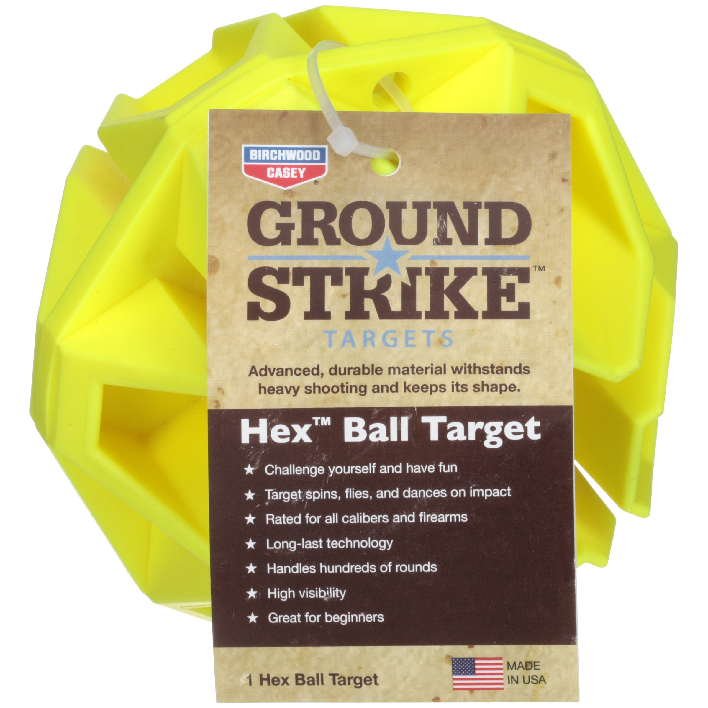 BIRCHWOOD CASEY Ground Strike Hex Target Ball for Outdoor Shooting - Durable Long-Lasting Highly Visible Yellow 6" Ball Resealable Target Rated for All Calibers from .22 up