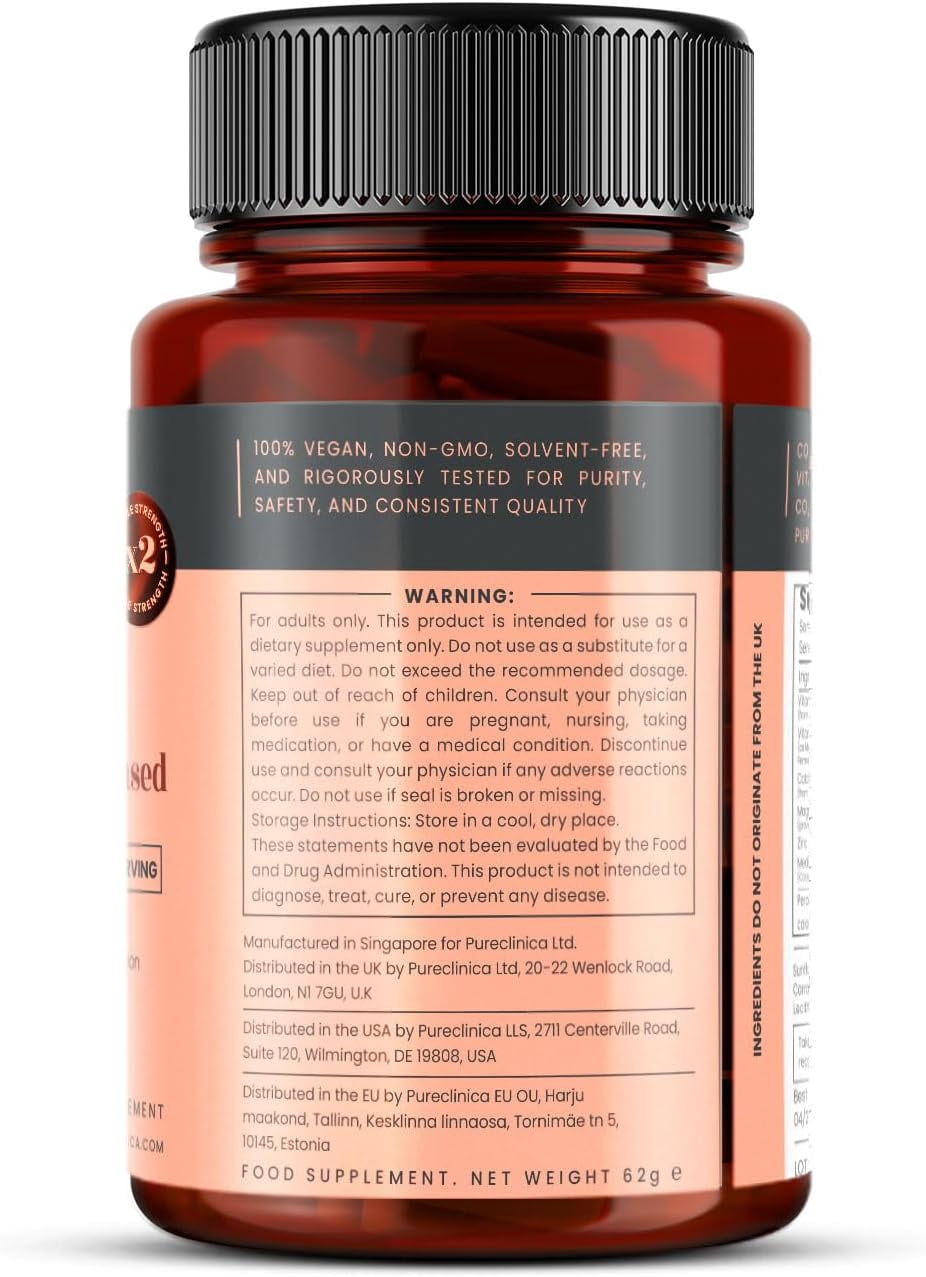 Pureclinica Double Strength D3 + K2 Complex – 5000 IU Vitamin D3 + 100mcg K2 with Magnesium, Calcium & Zinc – Vegan Softgels – 90 Count (3-Month Supply)