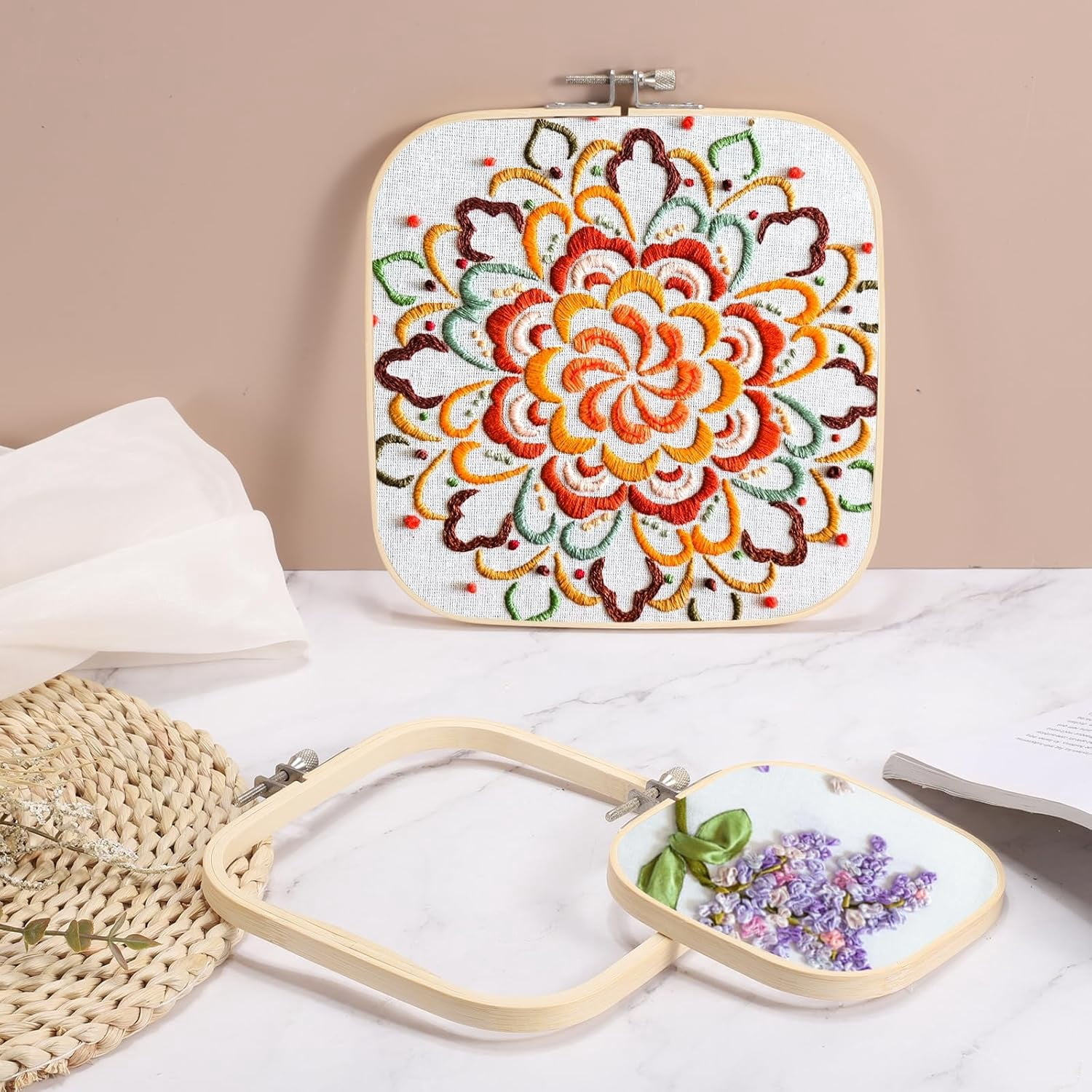 ABPETE Square Embroidery Hoops, Adjustable Bamboo Cross Stitch Hoops Ring Embroidery Frame Punch Needle Hoop for Sewing, Needlework, DIY( 6 Pieces 4.7" x 4.7" )