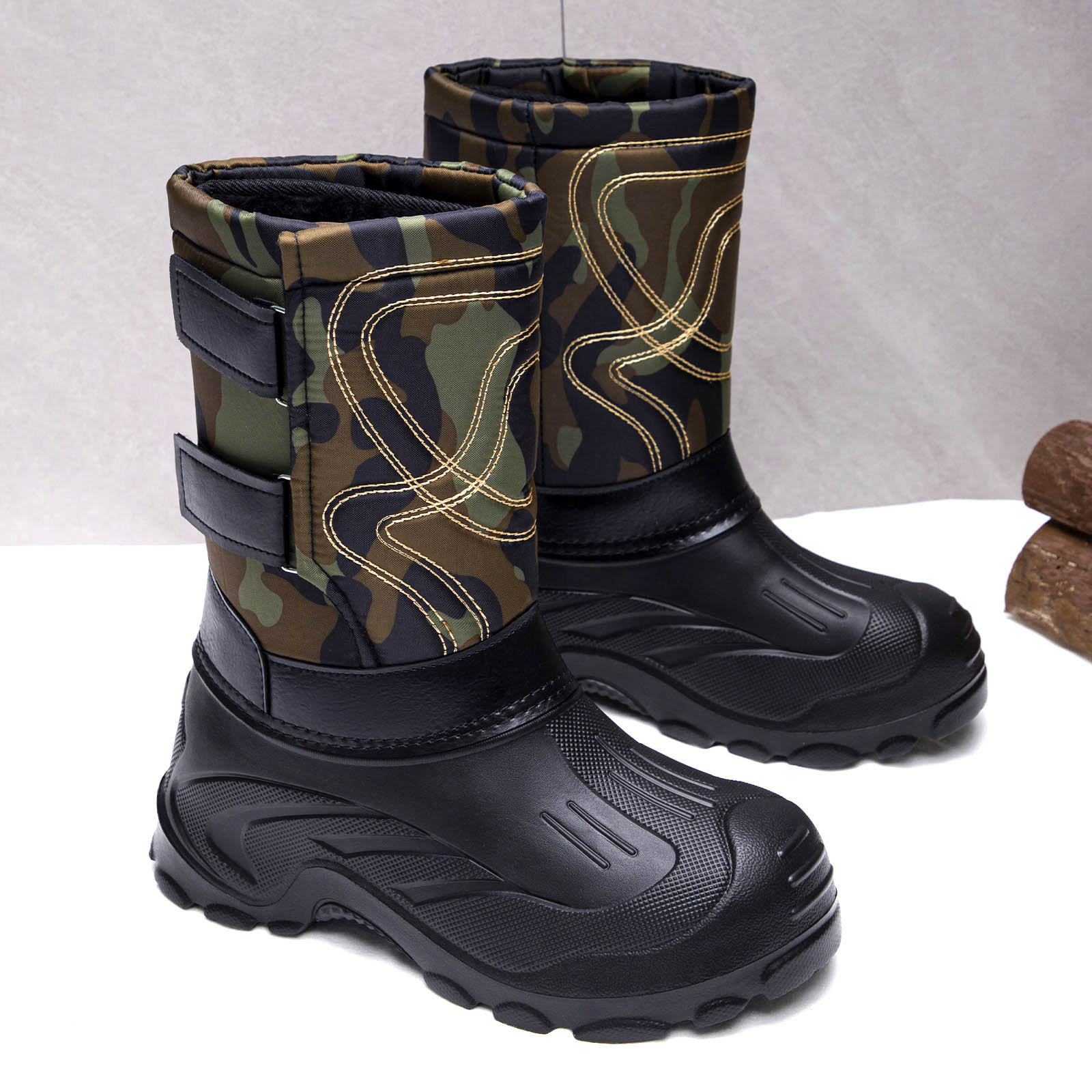 Camo Winter Boots for Men Waterproof Insulated High Top Hook and Loop Snow Booties Anti-Slip Hiking Shoes