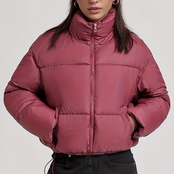 Taylonsss Womens Casual Loose Fit Quilted Jacket Long Sleeve with Elastic Cuffs Two Hand Pockets Snap Front Solid Color Winter Coat for Daily Outdoor Wear