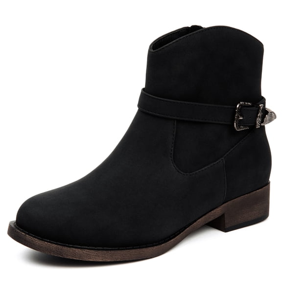 Ataiwee Women's Ankle Boots, Block Low Heel Adjustable Buckle Booties, Round Toe Side Zipper Casual Boots for Fall and Winter Daily Wear.