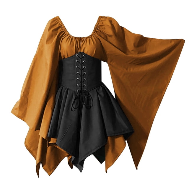 WTXUE Robe à Manches Longues, Vêtement Médiéval pour Chemise Irlandaise à Manches Trompette, Corset Gothique Rétro, Robe Jaune pour Femmes, Jaune L