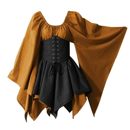 DondPO Plus Size Dresses for Curvy Women Midi Dresses Trumpet Sleeve Irish Shirt Dress With Corset Cosplay Costumes Gothic Retro Corset Dress Long Sleeve Dress Womens Dresses Yellow Dress L