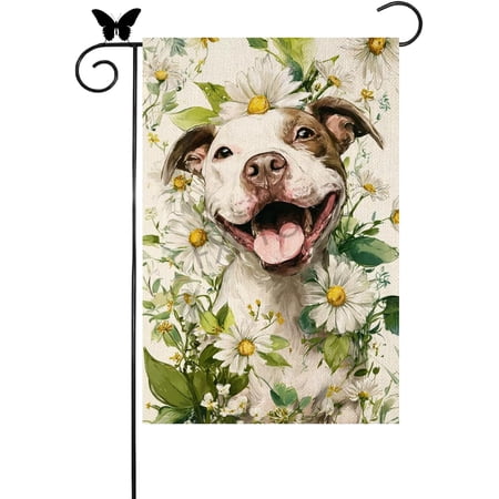 Pitbull Dog Garden Flag Double Sided With White Daisy 12 x 18 Inch Small Seasonal House Flag for Outdoor Yard Decoration