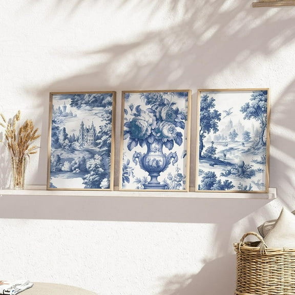 UNFFRAMED French Te Blue Wall Art Botanical Vintage Blue Willow Wall Art Vintage Landscape, Chinoiserie Prints For Farmhouse Set Of 3 Set 3 Prints 8x12