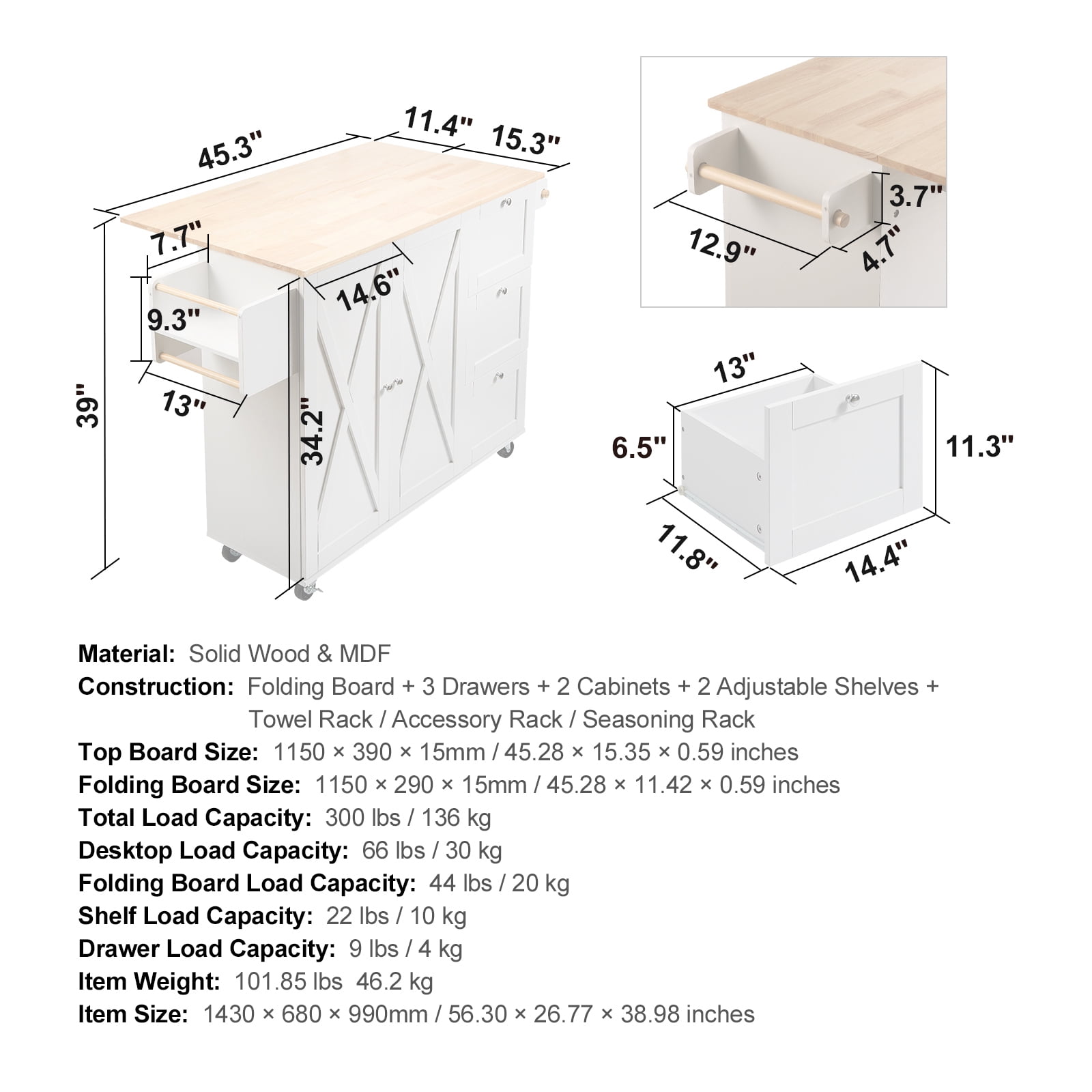 KFFKFF Kitchen Island Cart with Solid Wood Top, 45.3" Wide Mobile Cart with Storage Cabinet, Rolling Kitchen Table Featuring Spice Rack, Towel Holder, Drop Leaf, and Drawer, Portable Island on Wheels