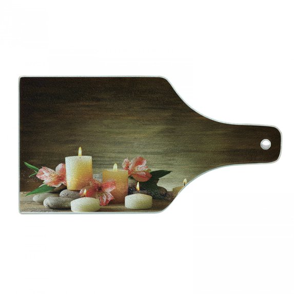 Spa Cutting Board, Composition Many Candles Wellbeing Unity Neutrality Calm Happiness Theme, Decorative Tempered Glass Cutting and Serving Board, Wine Bottle Shape, Multicolor, by Ambesonne