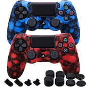 MXRC Silicone Rubber Cover Skin case Anti-Slip Water Transfer Customize Camouflage for PS4/SLIM/PRO Controller x 2 (Skull Red + Blue) + FPS PRO Extra Height Thumb Grips x 8 + Dustproof Plug x 4