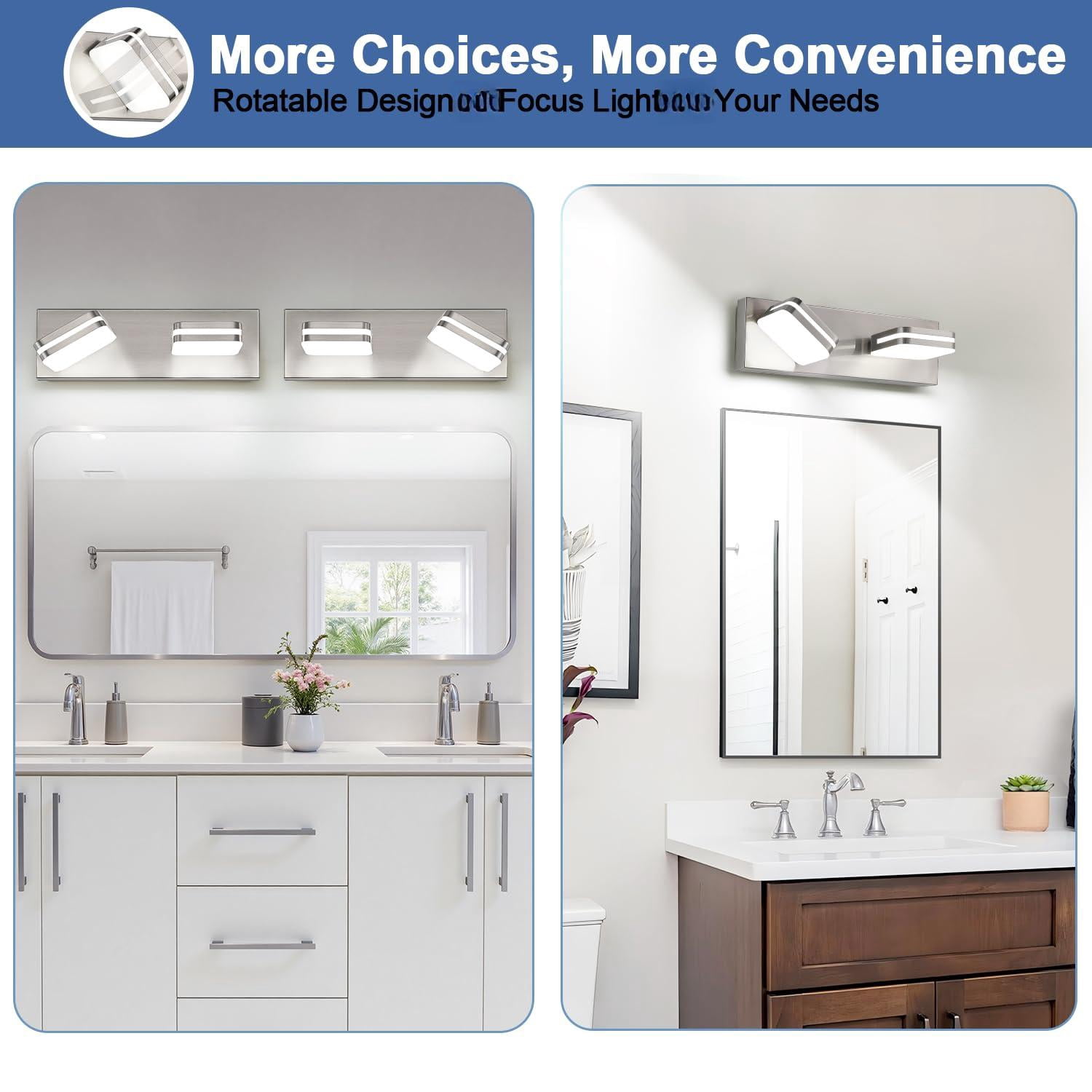 360° Rotate 2-light Led Bathroom Vanity Light Fixtures  900lm Brushed Nickel Lights For Modern Wall Lighting Over Mirror Kitchen Living (natural White 5000k)