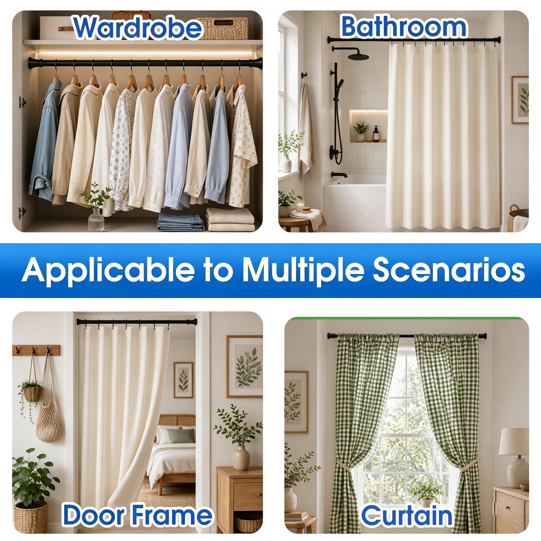41-78 Inch Adjustable Shower Tension Curtain Rod, No Drill Spring Tension Rod, Non‑Slip Shower Curtain Pole, No‑Drill Hanging Rod for Bathroom Partition, Bedroom Window Curtains, Wardrobe Closet