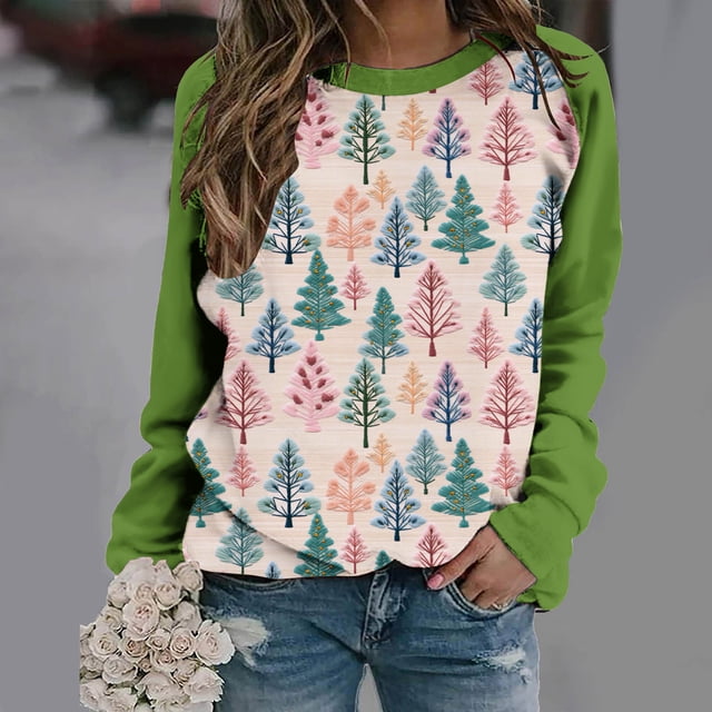 Aqestyerly Hauts à Manches Longues pour Femmes Blouse à Manches Longues Imprimée de Noël pour Femmes Col Rond Tunique Décontractée