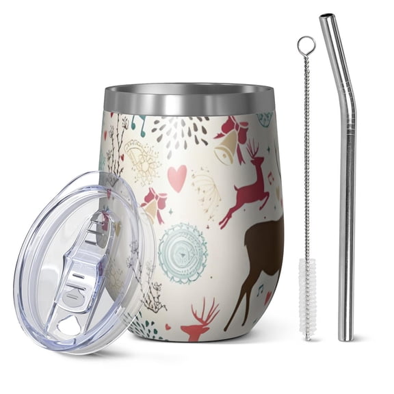12oz Stemless Wine Tumblers Multicolor Christmas Deer Pattern Vacuum Insulated Stainless Steel Travel Tumbler Cups Mug with Lid and Straw for Champaign,Cocktail,Beer with Cleaning Brush