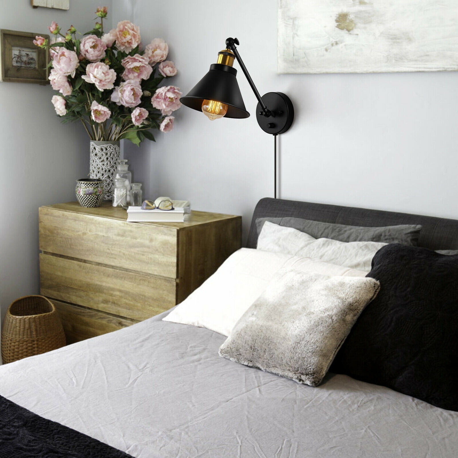 2 Pack Adjustable 270 Degrees Dimmable Swing Arm Wall Sconce Hardwired Industrial Plug-In Vintage Lamp Suitable For Bedroom, Bedside, Living Room, Dormitory