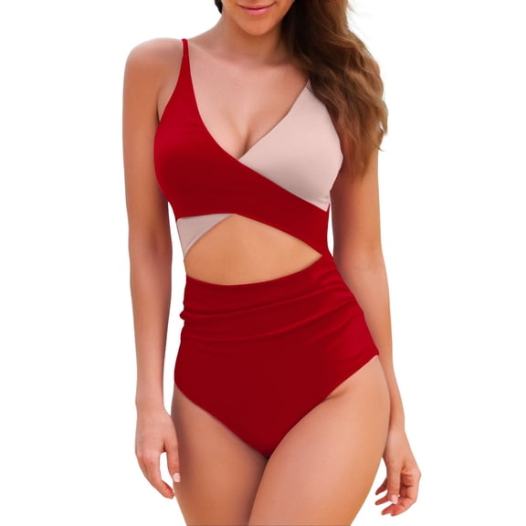 Yajing Women with Pad Without Support Cutout High Waist Color Strap Bikini Beige L Tummy Control Swimsuits for Women